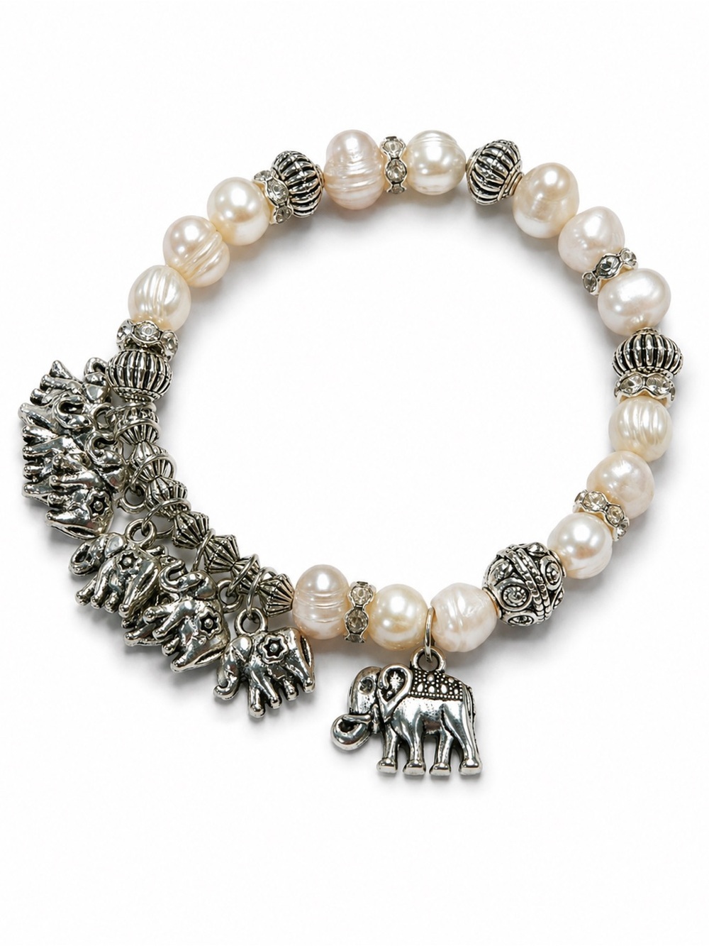 Silver Elephant Charm Pearl Bead Stretch Bracelet